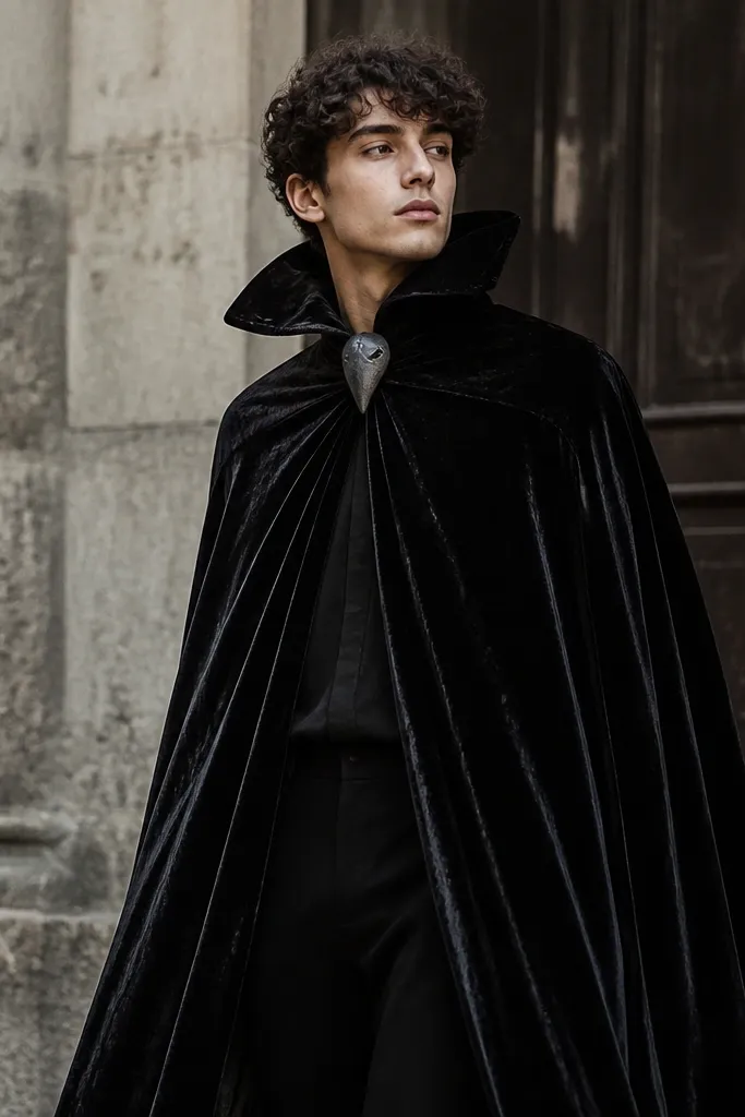 A person wearing a black velvet cape with a high collar, layered on top of a dark outfit. At the center of the collar sits a small clip-on beak made from painted craft foam. The cape drapes down to mid-calf and catches light with a soft sheen.