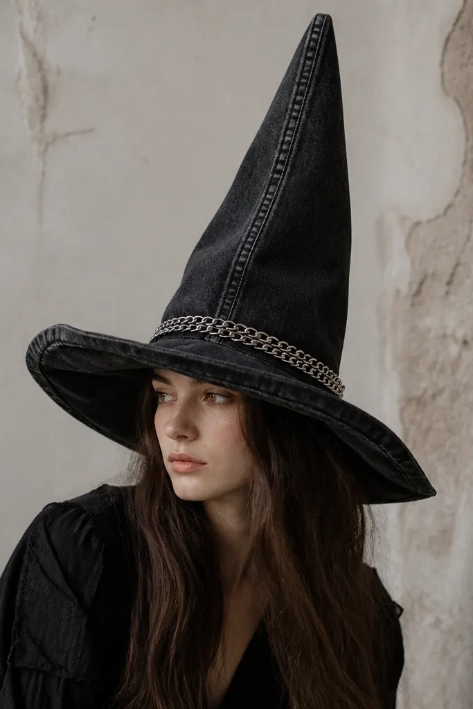 A tall black denim witch hat with a folded brim. The hat has visible stitching lines and a slightly distressed look from thrifted jeans. A thin strip of silver chain wraps around the crown like a belt.