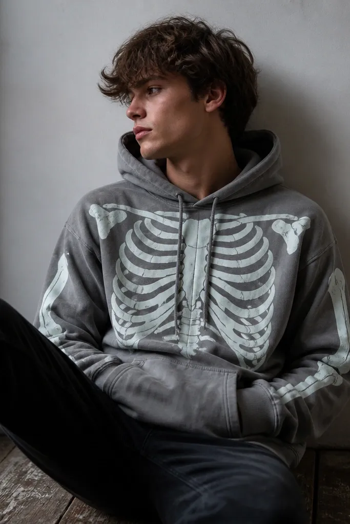 A gray hoodie with a hand-painted skeleton design across the chest and sleeves. The bones are in white paint with a faint teal glow effect visible under low light. The hoodie strings and cuffs are intact, and the design looks like layered stencils.