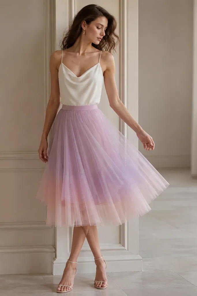 A layered tulle skirt in pale lavender and soft pink. The waist looks smooth with no visible waistband, and the skirt falls to just below the knee. There are subtle sparkly threads woven into the top layer.