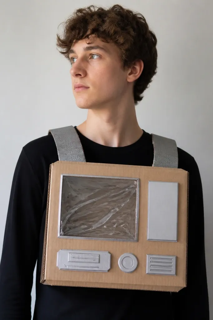 A person wearing a black long-sleeve top with a cardboard robot chest plate. The plate has silver rectangles and a faux screen made from clear plastic. The chest piece is strapped with gray velcro bands over the shoulders.