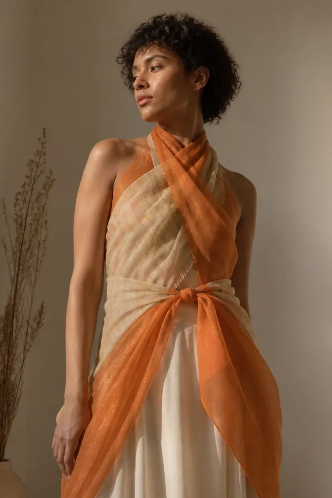 A person wearing a layered wrap made from two thrifted scarves. One scarf is sand-beige with subtle stripes, the other is sheer orange with a soft shimmer. The wrap crosses at the chest and ties at the waist, with fabric flowing down the sides.