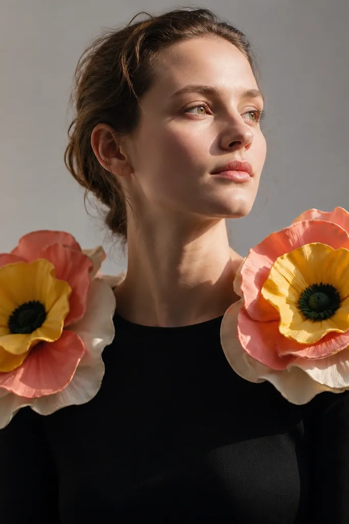 A person wearing a black top with two large foam flower shoulder pieces. The flowers are layered in yellow, coral, and cream, with dark green painted centers. They sit like shoulder armor and cast shadows on the fabric.