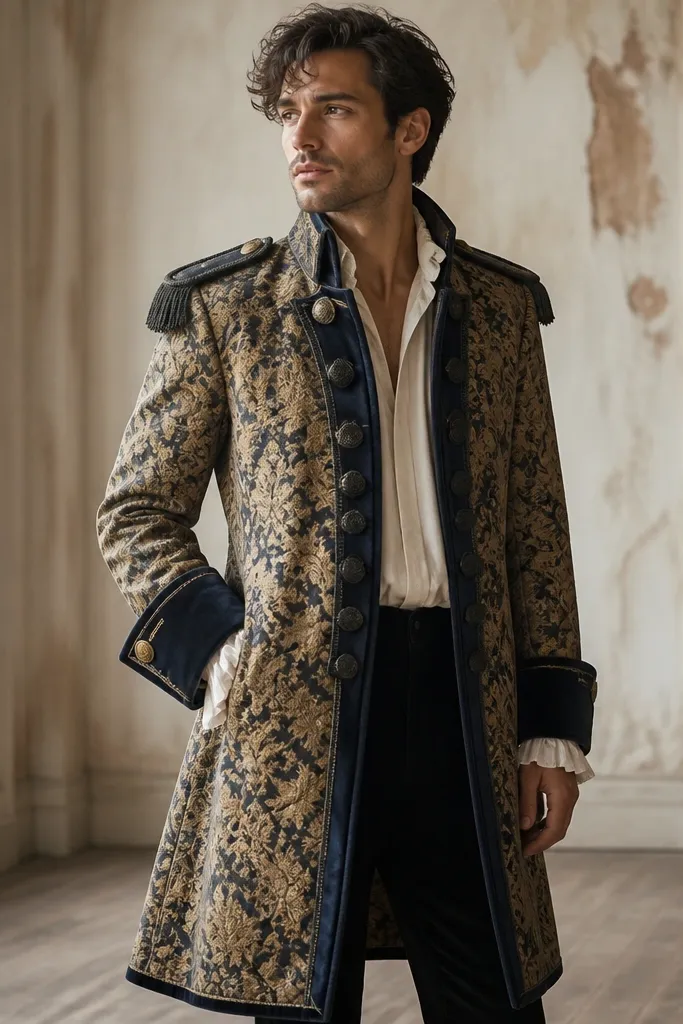 A knee-length pirate coat made from a heavy patterned curtain fabric. It has a dark navy trim, a front opening, and faux epaulets at the shoulders. The coat looks structured, with a slight flare at the hem.