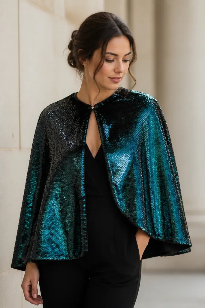 A short cape made from reversible sequins. One side is deep teal, the other is black. It has a neat snap closure at the neck and a small lining that keeps it from flipping. The cape drapes to the upper thighs.