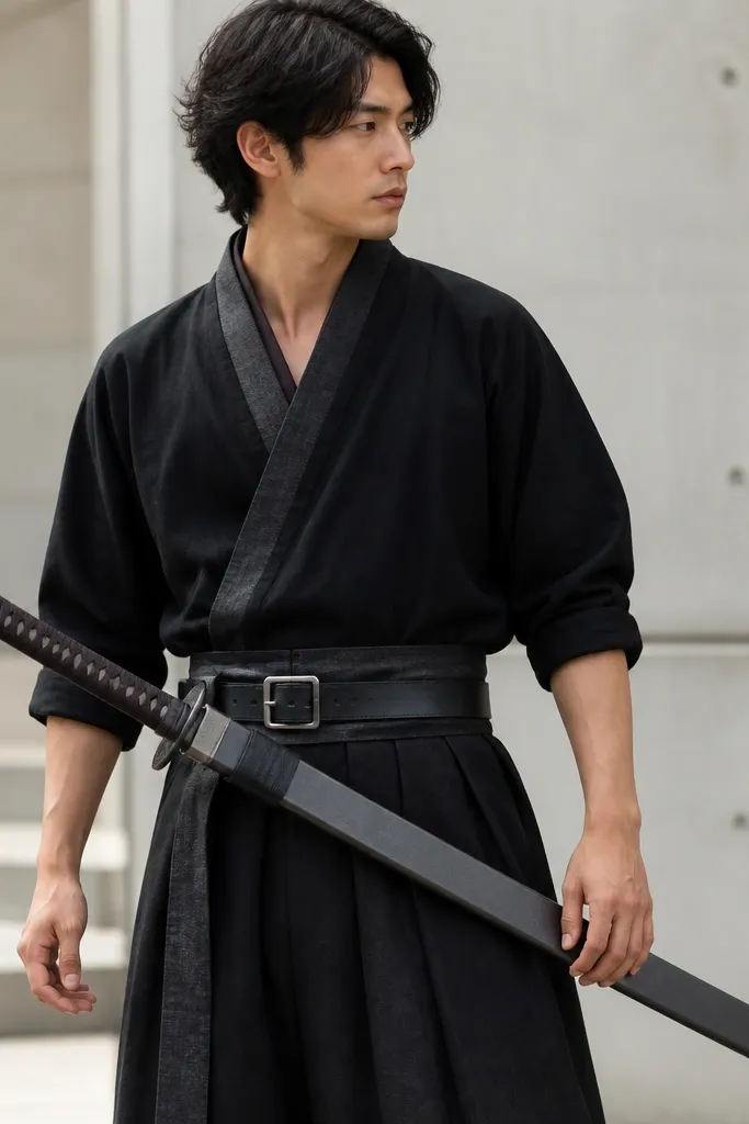 A foam katana prop painted silver and charcoal with a black handle. The sheath is attached to a belt using small magnets so it clicks in place. The blade has a subtle brushed texture and straight edge.