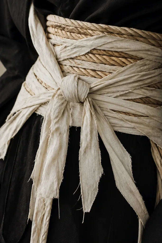 A wide rope belt wrapped around a waist, with torn white fabric strips knotted and draped like mummy wraps. The strips look aged with light tan staining. The belt sits over a black outfit for contrast.