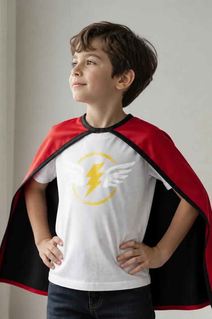 A bright red and black cape attached over a plain t-shirt. The cape has clean bias tape edges at the neckline and hem. A simple emblem is painted on the chest area in white and yellow.