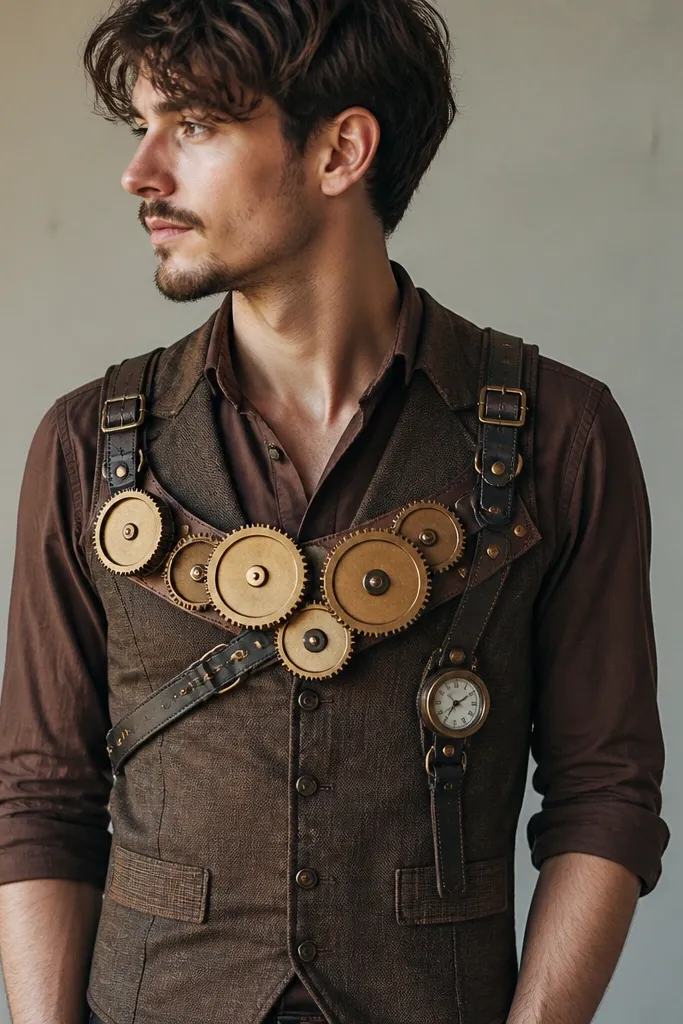 A brown upcycled suit vest with a gear harness across the chest. The gears are made from plastic lids and painted brass. There are straps with buckles and a small round gauge made from bottle caps.
