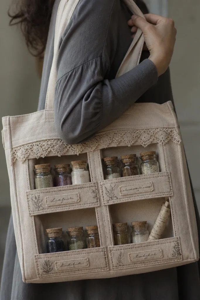 A person carrying a large tote bag labeled like an apothecary cabinet. Inside are visible small jars with colored powders and a rolled parchment strip. The tote has hand-lettered labels and a stitched-on lace trim.