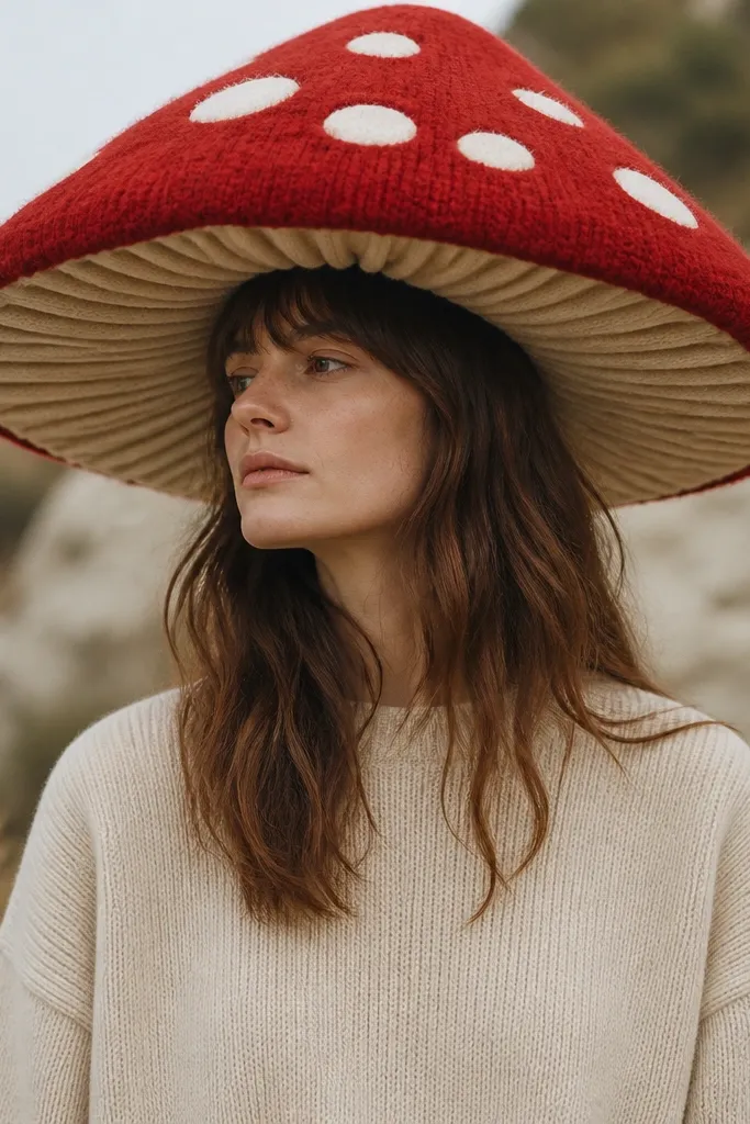 A knit beanie turned into a giant mushroom cap. The top is red felt with white spots, and the underside shows beige felt gills. The beanie brim peeks out slightly at the edges.