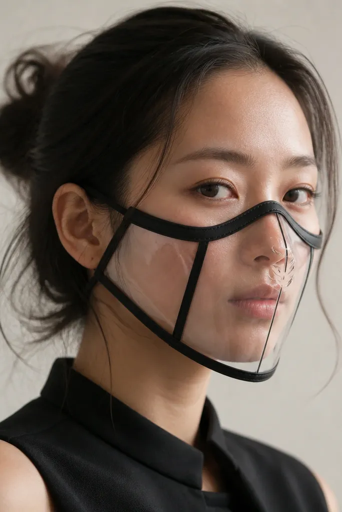 A black-and-clear face mask made from clear plastic report covers. It has angular panels, a matte black edge trim, and small cutouts around the nose. The mask sits snug with elastic straps.