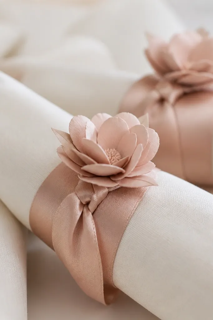 A close-up of napkin rings: each ring is wrapped in pale blush satin ribbon and tied with a small knot, with a tiny layered paper flower tucked on top. The flowers sit at a slight angle and match the ring color.