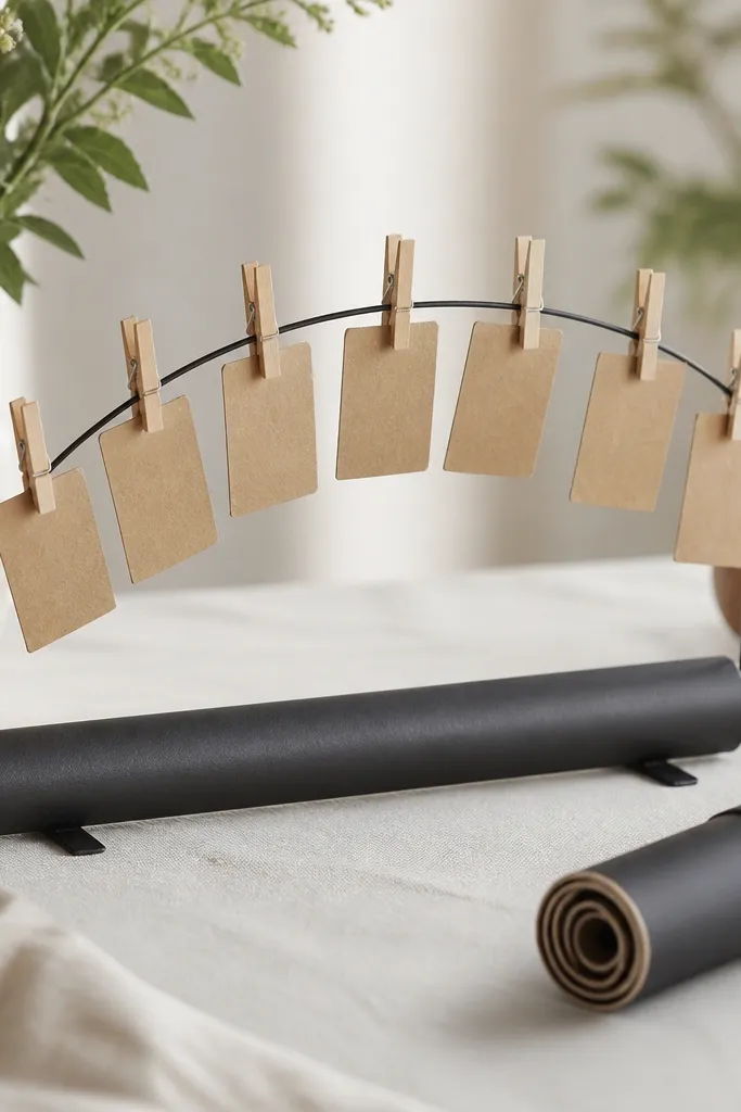 A small roll-up display stand on a welcome table. Kraft cardstock cards with black ink names are attached to clothespins clipped to a curved wire. The stand rolls up into a tube for storage.