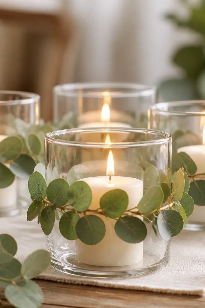 Clear glass votives wrapped with a thin band of faux eucalyptus leaves. The band sits around the middle of the jar, with the candle flame visible inside. Lighting is warm and even.