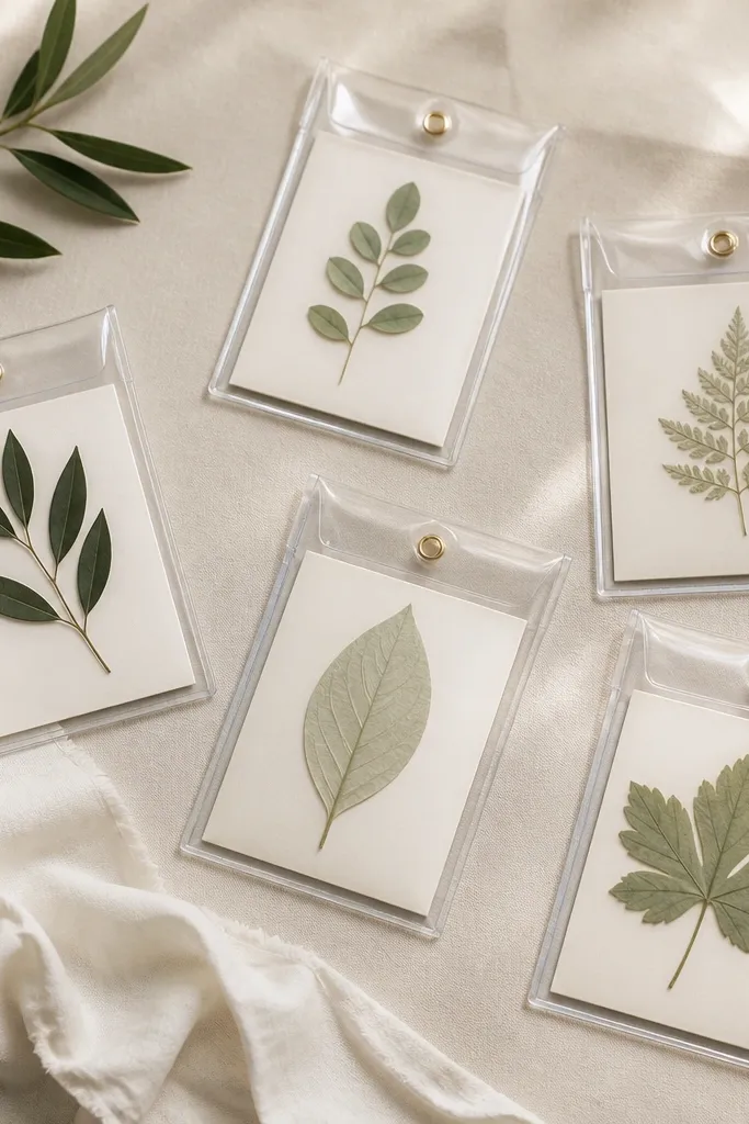 A set of transparent acrylic pouches holding small printed place cards. Each card has a pressed leaf pressed flat under the clear window, with a soft neutral background.
