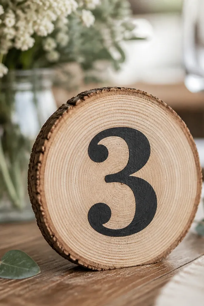 Round wood slice bases holding small table number cards. The numbers are painted in black with crisp edges, and the wood grain shows through around them.