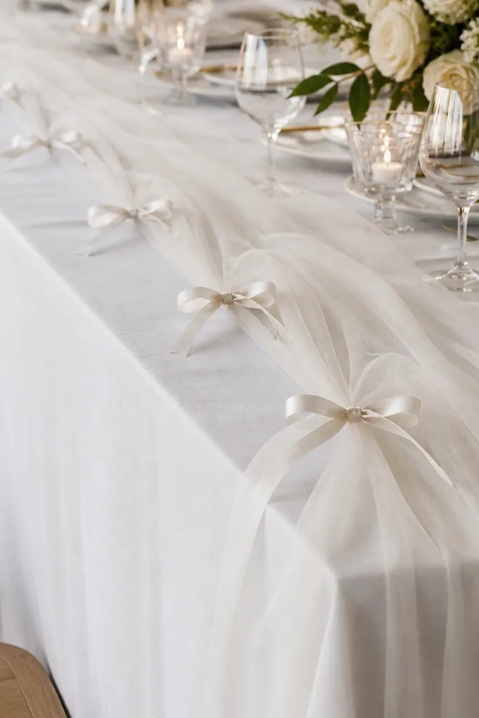 A tulle runner laid down with small satin ribbon bows clipped at intervals using safety pins. The tulle falls in soft waves and the clips are neat and evenly spaced.