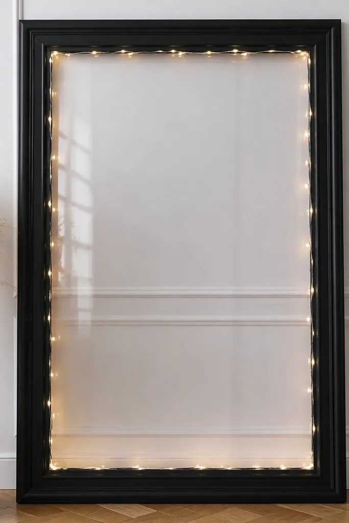 A large rectangular photo booth frame made from wood molding, spray-painted in matte black. A simple acrylic sign sits inside the frame, and a string of fairy lights wraps the inner edge.