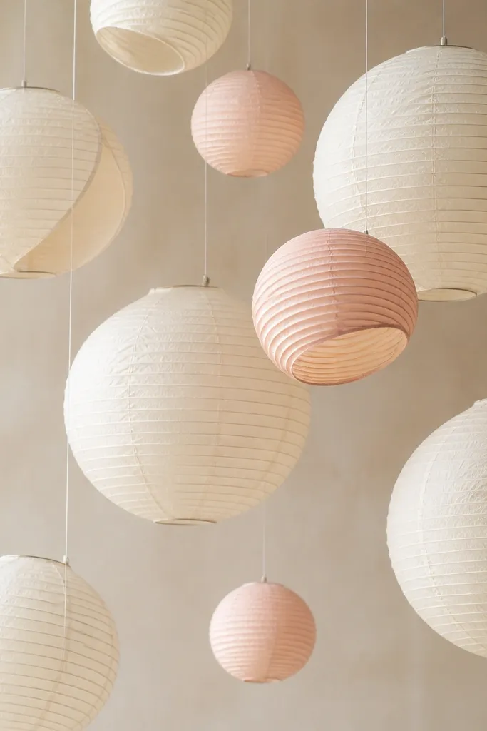 Two sizes of paper lanterns hanging at different heights. The larger lanterns are cream with subtle texture, and smaller lanterns are soft blush. A few are slightly open for a playful look.