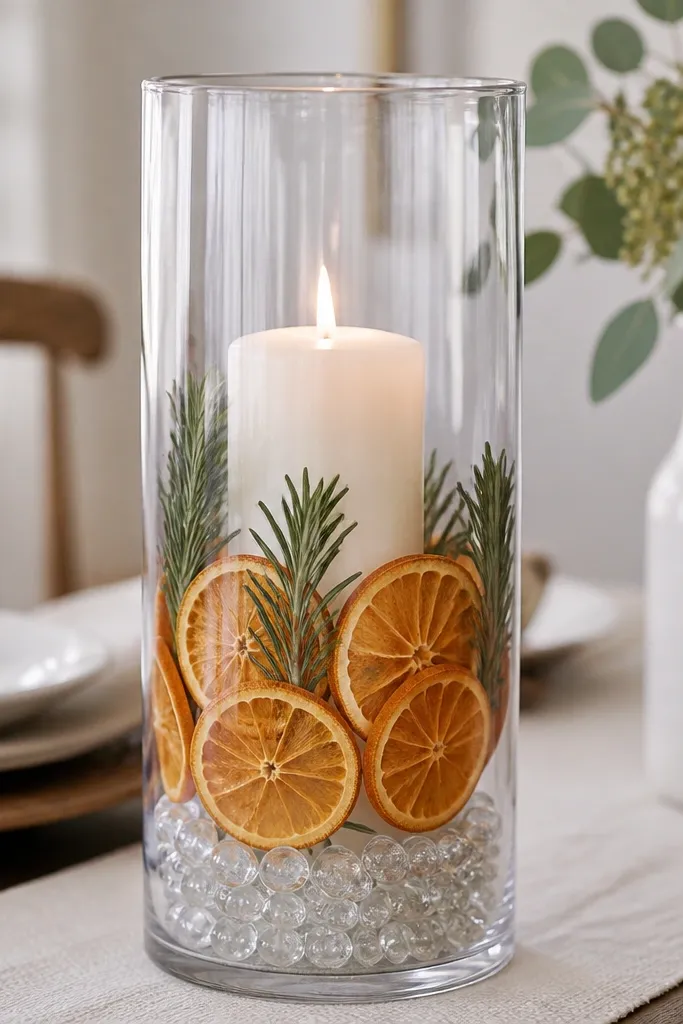 A tall clear glass cylinder centerpiece with a candle inside. The bottom has clear marbles, and dried orange slices are arranged around the midsection, with a few sprigs of rosemary.