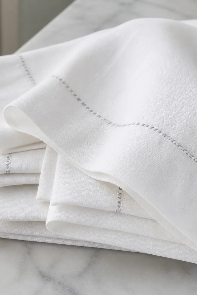 White linen napkins with a thin stitched border drawn along the edge in light gray thread-like lines. The napkins look hand-stitched but are consistent across the set.