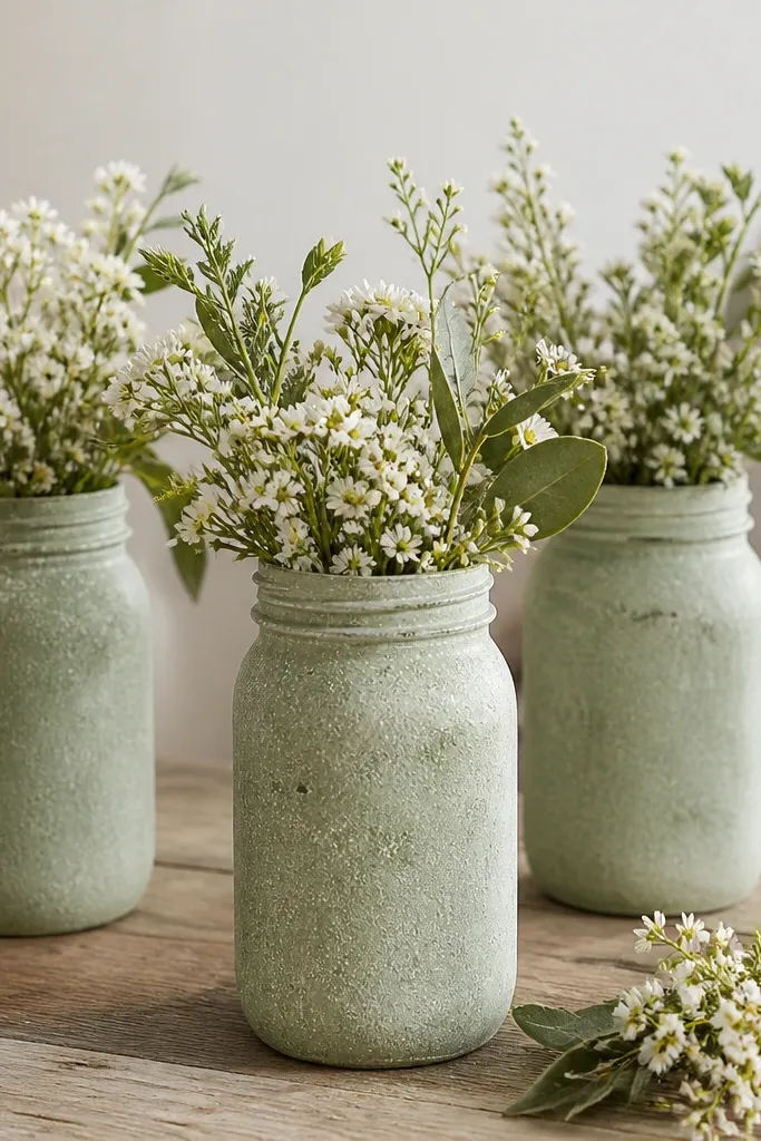 Mason jars painted in a soft sage with a sponge texture. The jars hold small white flowers and greenery, with a slightly uneven, natural paint finish.