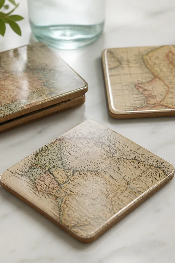 Square coasters with a vintage map print under a glossy clear finish. The cork backing is visible on the bottom, and the edges are sealed neatly.