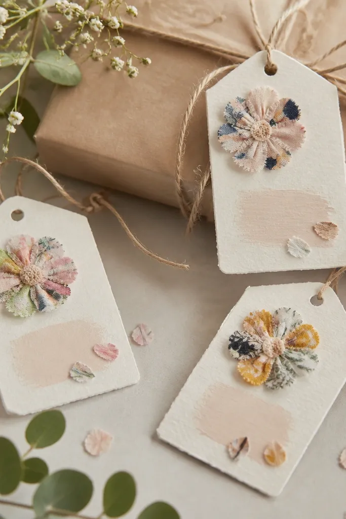 Small hanging tags tied to twine around a gift table display. The tags have a tiny fabric flower made from scraps and a stamped message area, with a few faux petals attached.