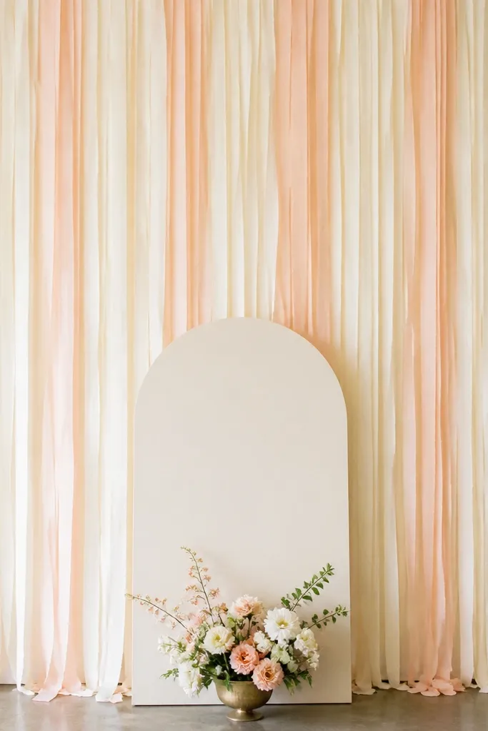A simple wedding backdrop with a curtain of crepe paper fringe. The fringe is in alternating cream and blush strands, hanging in straight lines behind a small sign or photo area.