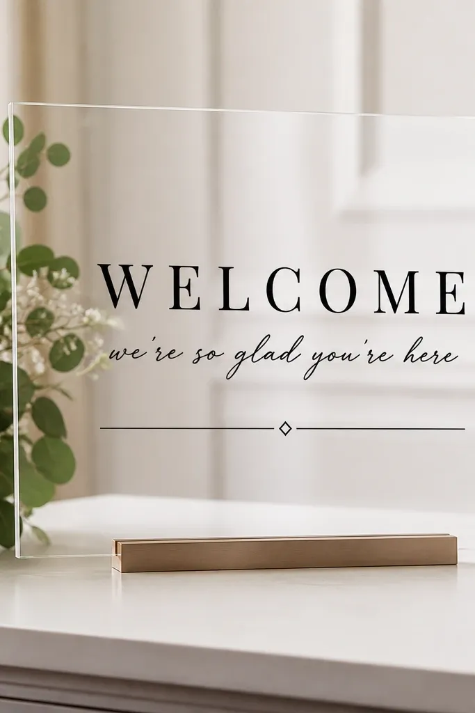 A clear acrylic welcome sign with black vinyl letters. The letters look crisp and centered, with a simple stand and a small decorative line near the bottom.