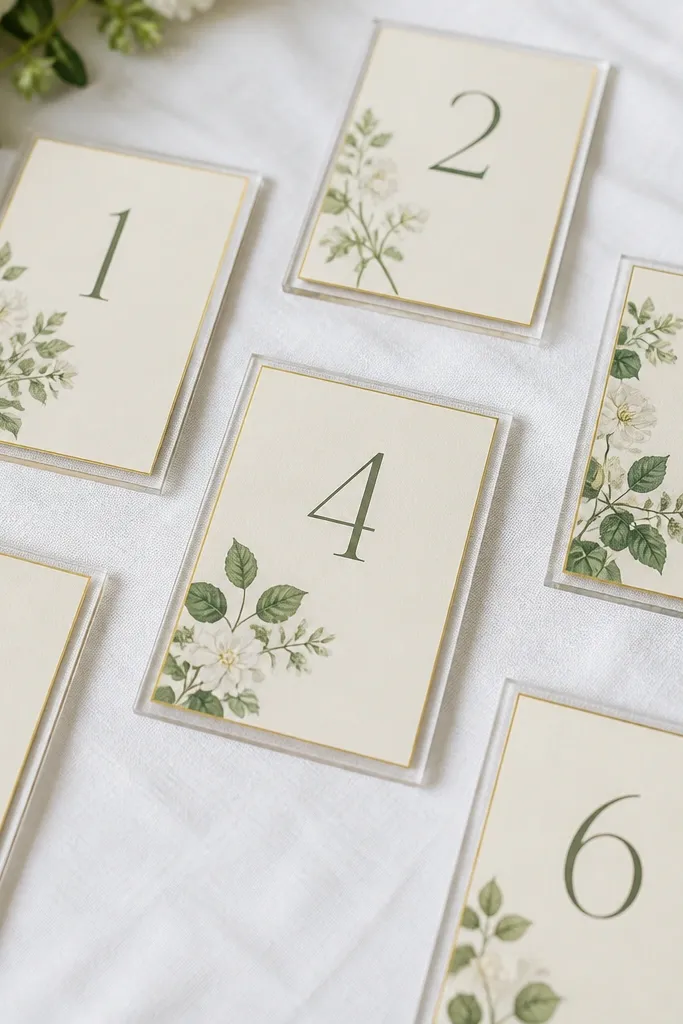 A set of small cream cardstock rectangles with printed table numbers inside. Each card sits on a clear acrylic frame edge, and a thin gold paint-pen line outlines the outside border. The pieces are arranged on a white linen tablecloth.