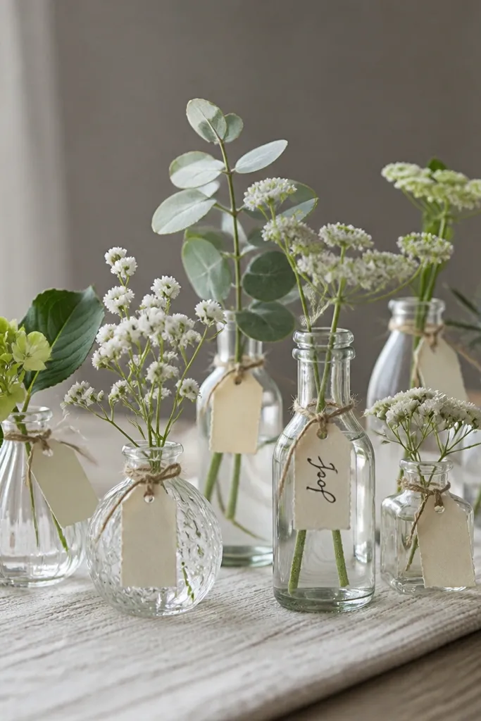 A cluster of mismatched small clear glass bottles and bud vases on a table runner. Each vase has a tiny ivory paper label tied with twine. One vase has a handwritten word label in dark ink.