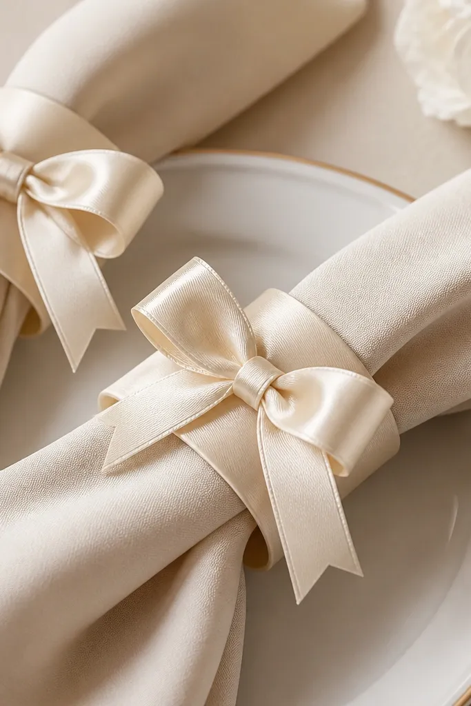 Cream satin ribbon loops tied around napkin rings. Each ring has a small bow with a neat center knot and the ends are trimmed into angled tabs. The rings sit on folded napkins in a matching color palette.