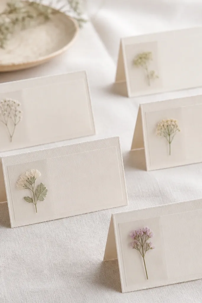 Small place cards with a clear pocket envelope glued behind them. Inside each pocket is a pressed tiny flower with a light tint. The card front has guests' names written in black ink.