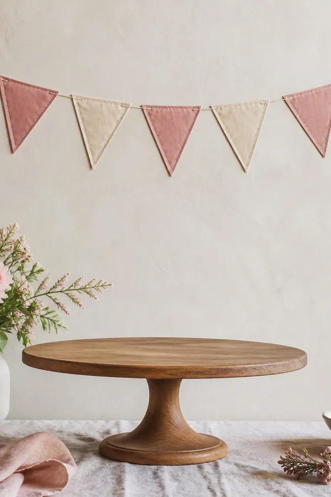 A string of small triangular fabric pennants in cream and dusty rose. Each triangle has a stitched edge and a tiny space between them. It hangs above a cake stand.