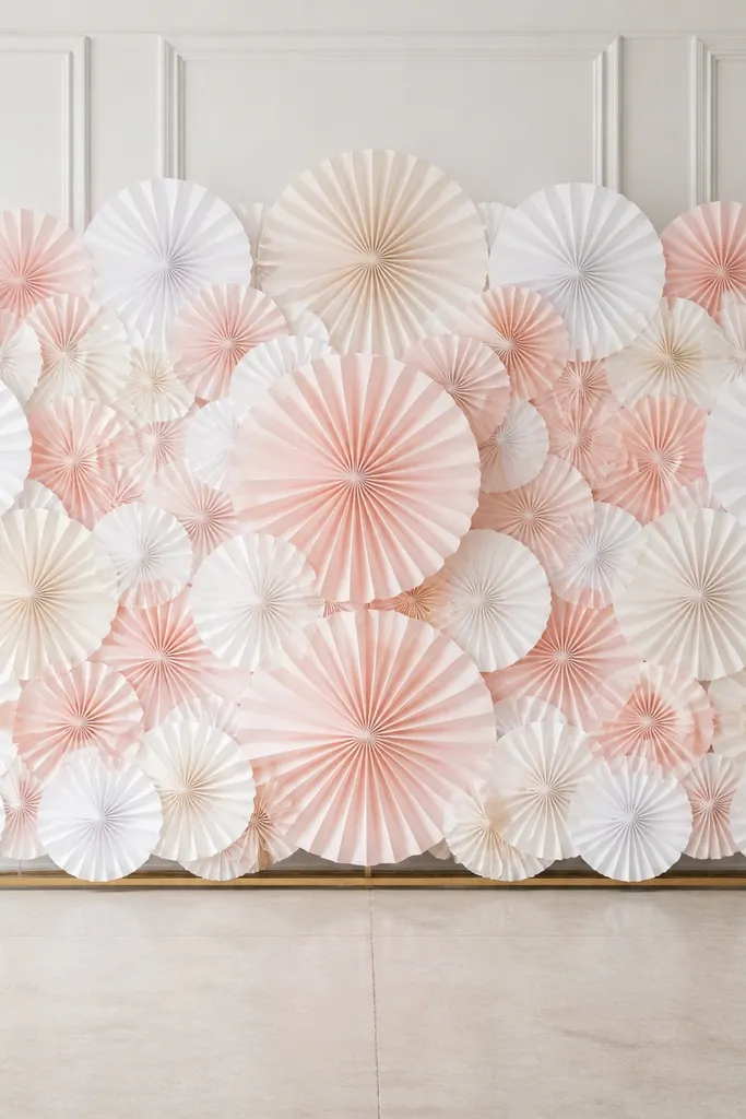 A wall backdrop made of layered paper fans in white and blush tones. Fans are mounted on a simple frame, with the center slightly larger and the sides smaller. The background has a clean, symmetrical layout.