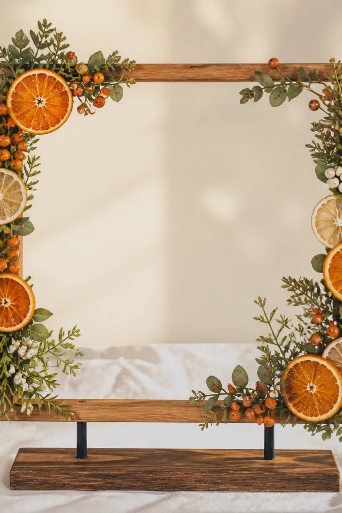 A square wooden hoop decorated with small faux berries and citrus slices. The hoop sits on a stand, with greenery tucked behind the fruit. The colors are warm - orange, green, and off-white.
