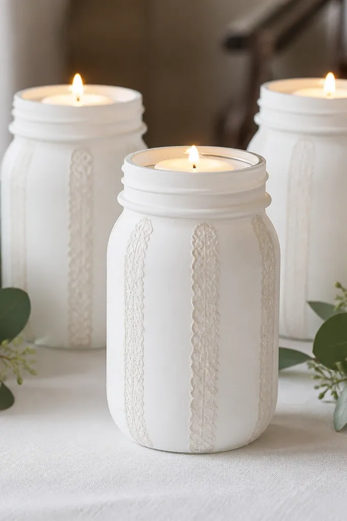 Clear mason jars painted matte white on the outside with thin lace ribbon tape strips. The jars hold white pillar candles. The lace tape creates vertical lines and a soft pattern.