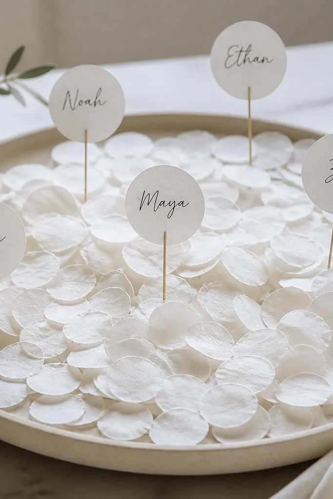 Hundreds of small white coffee-filter circles scattered on a tray. A few are stuck to thin sticks, each with a name label in black ink. The style looks airy and soft.