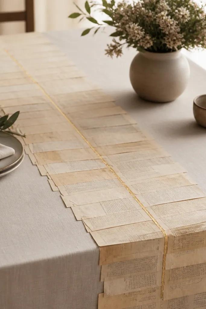 A long table runner made from overlapping strips of aged book pages. The edges are trimmed straight, and a thin gold line is drawn along the center. It's laid across a neutral tablecloth.