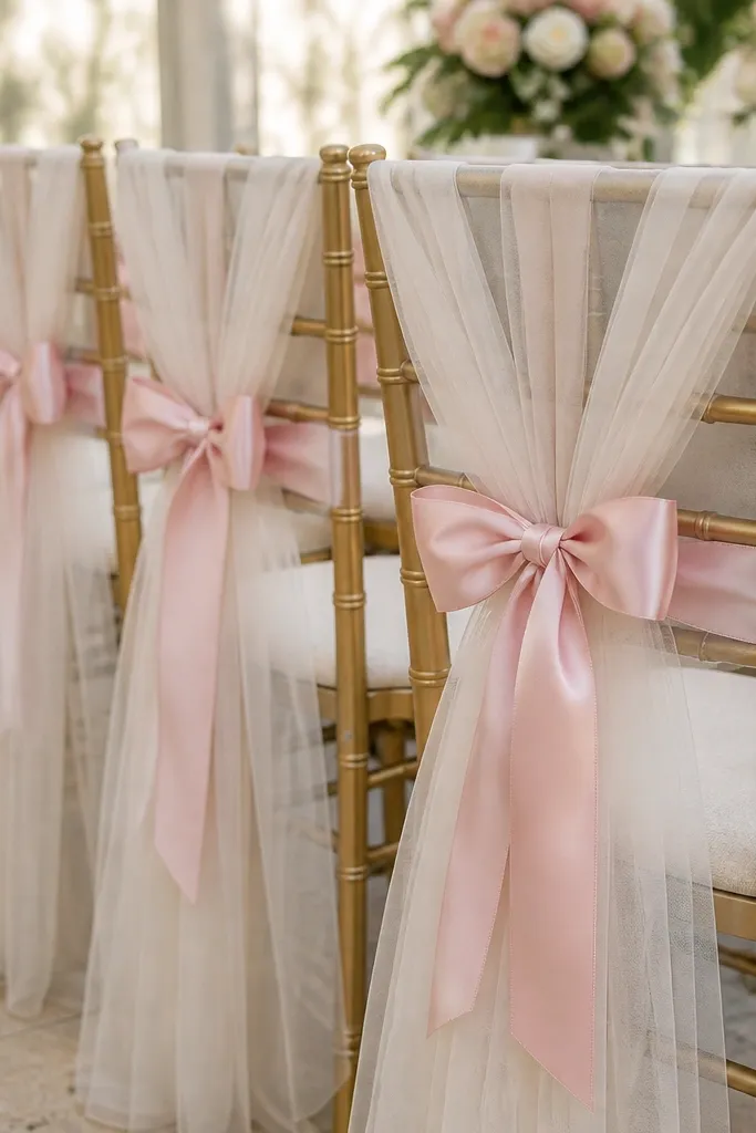 Rows of chairs with chair sashes made from tulle and a satin ribbon bow. The tulle falls in soft layers down the back of each chair. The bow is centered and the ribbon has a clean knot.