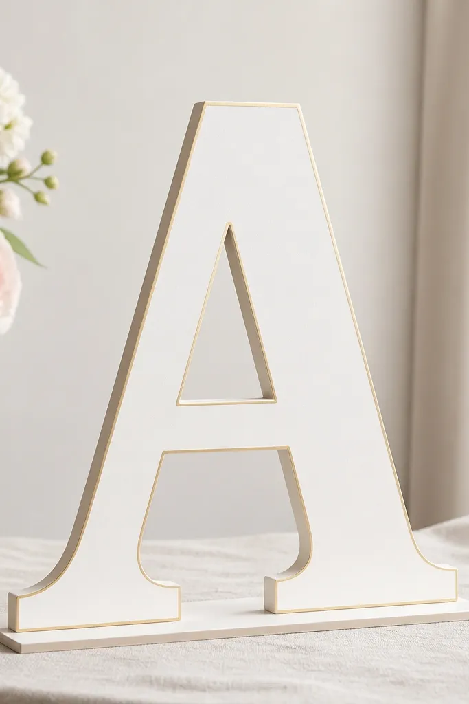 A big monogram letter cut-out made from thick cardboard. The edges look clean and smooth, and the letter is painted matte white with a thin gold outline. It stands on a small base.