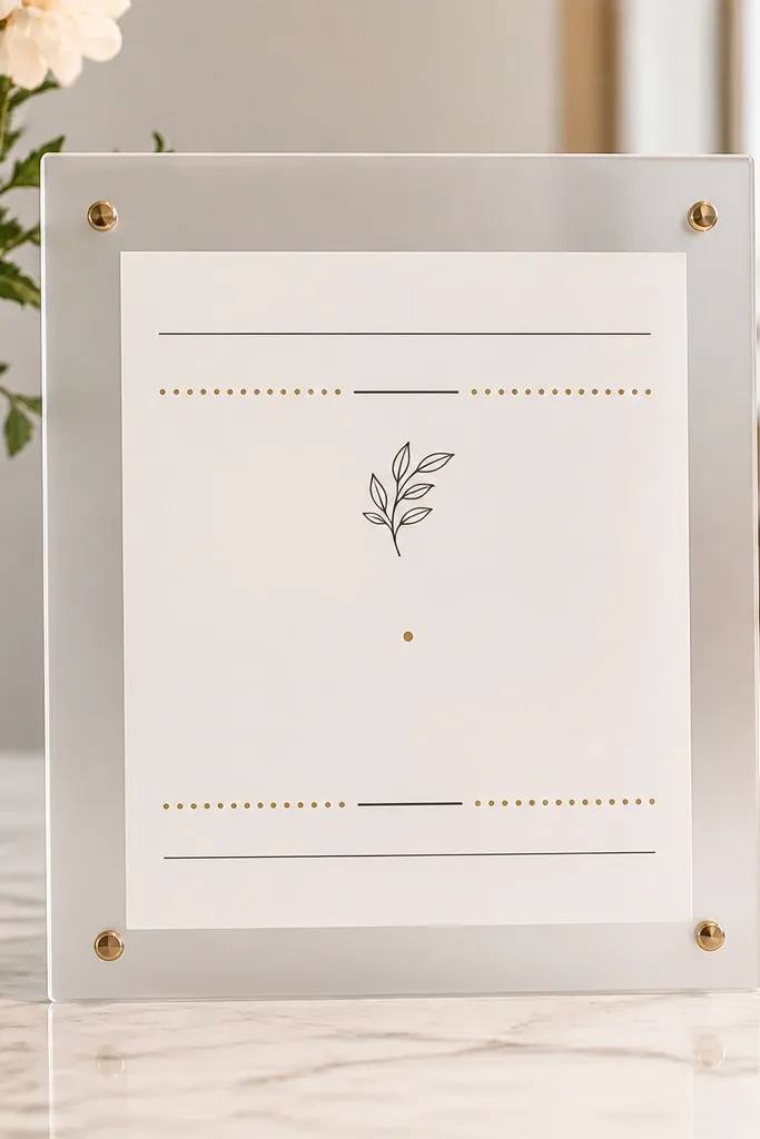 A clear acrylic sign with a frosted look. Behind it is a printed welcome message on white paper. The letters are black with a subtle gold dot accent line.