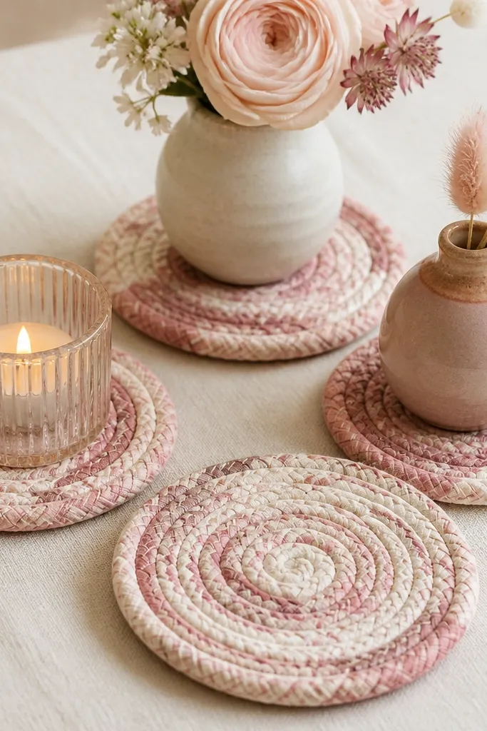 Round coasters made from folded fabric scraps, with a neat spiral pattern on the top. They sit under small vases and candle cups. The fabric looks like a mix of cream, blush, and muted pink.