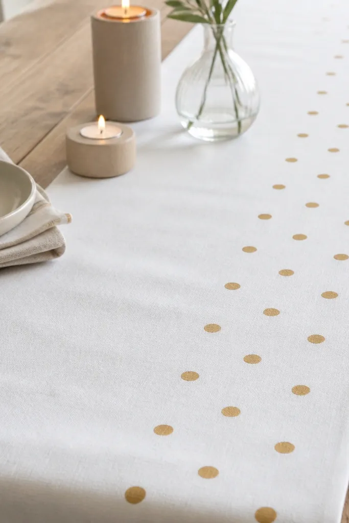 A white cloth runner with evenly spaced small gold dot patterns along one side. The dots are matte and the spacing is consistent. It's styled on a dining table with simple candles.