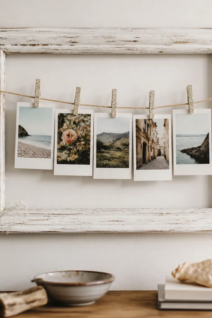 An old wooden frame painted white. Inside, a string of twine runs horizontally and holds small fabric clothespins. Polaroids or small photos hang from the clothespins.