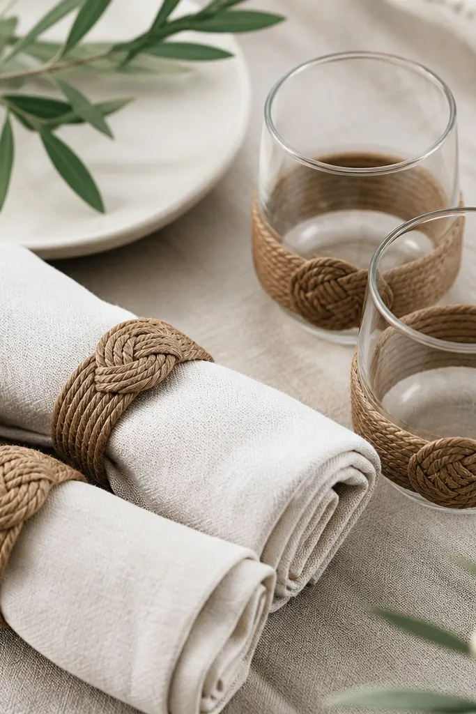 Brown twine rings with knot patterns around the outside. They're placed around folded napkins and also around two small glass cups. The knots look uniform and tight.