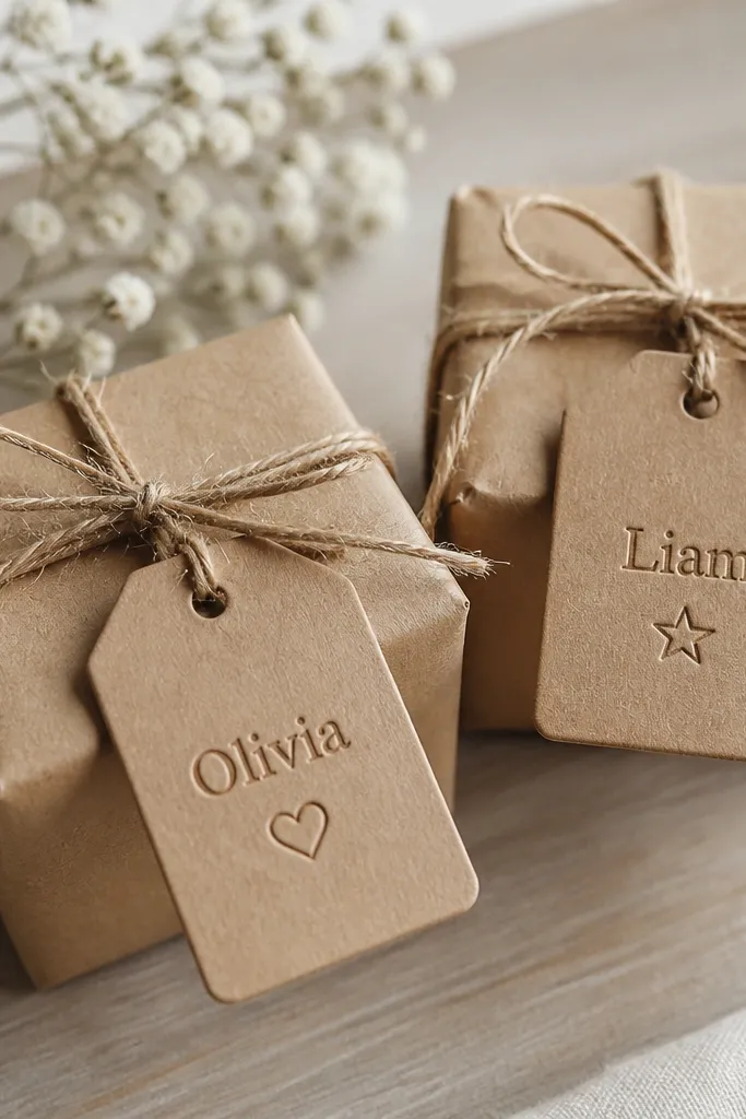 Small brown kraft favor tags with names and a simple icon. The text looks embossed with a slightly darker brown tone. The tags are tied to small favor boxes with thin twine.