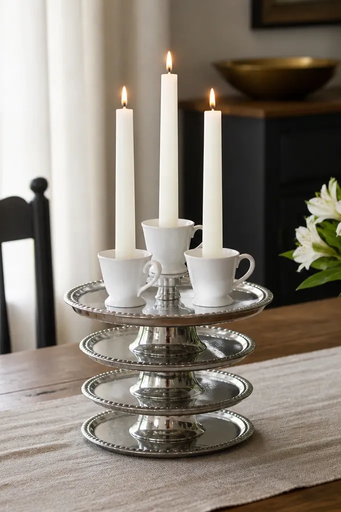 A DIY candelabra made from stacked small metal mirror trays and three candle cups. The cups are white and the trays have reflective surfaces. It stands on a dining table with a linen runner.